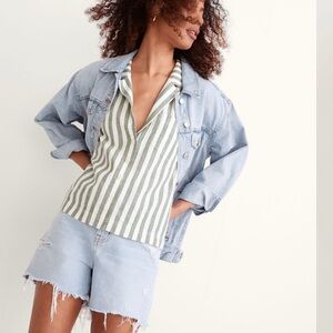 Madewell Linen-Cotton Blend Green White Piedmont Camp Shirt In stripe Size S